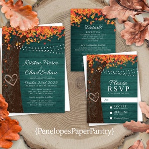 May include: Fall wedding invitation with a teal and brown wood background, featuring a tree with orange and yellow leaves and white lights. The invitation reads "Kristen Pierce & Chad Schau" and includes the date "October 23rd, 2025". The RSVP card features a similar design with the text "Please RSVP by October 1st, 2025".