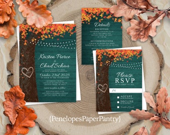 Rustic Teal Fall Wedding Invitation,Fall Wedding Invite,Burnt Orange,Oak Tree,Carved Heart,Fairy Lights,Teal Barn Wood,Personalize,Printed