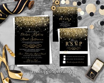 Elegant Black and Gold Wedding Invitation,Black,Gold,Wedding Invite,Bling Black and Gold,Gold Glitter Print,Calligraphy,Shimmery Invitation