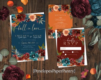 Jewel Tone Floral Fall Wedding Invitation Suite: Teal, Burnt Orange, Gold Print, Personalized and Printed with Envelopes