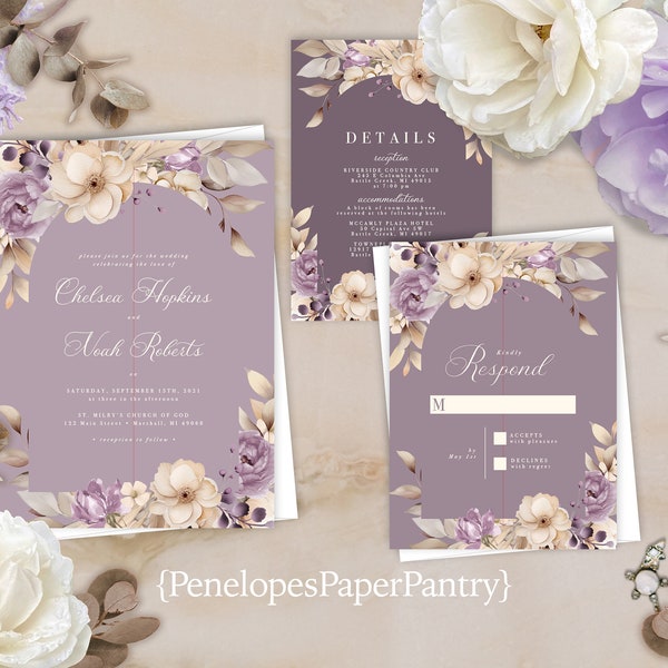 Personalized Dusty Purple Wedding Invite,Summer Wedding Invite,Custom Invite Suite,Beige Rose Invite,Printed Invite Set,Envelope Included