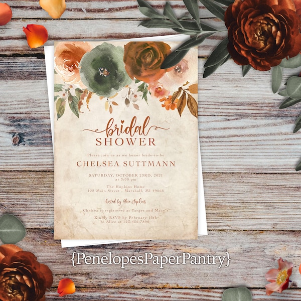 Rustic Bridal Shower Invitation,Fall Bridal Shower,Rustic Fall Shower,Sage,Burnt Orange,Parchment,Floral,Calligraphy,Envelope Included