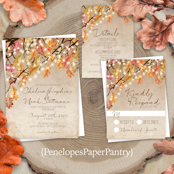 Rustic Fall Wedding Invitation,Rustic Fall Wedding Invite,Fall Leaves,Burnt Orange,Fairy Lights,Parchment,Calligraphy,Envelopes Included