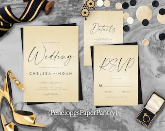 Chic White Gold Black Wedding Invitation Suite Mongram Initials Calligraphy Shimmery Black Envelopes Personalize Printed Optional RSVP Card