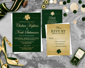 Emerald and Gold Irish Wedding Invitation,Emerald,Gold,Wedding Invite,Gold Shamrock,Gold Calligraphy,Shimmery Invitation,Envelopes Included