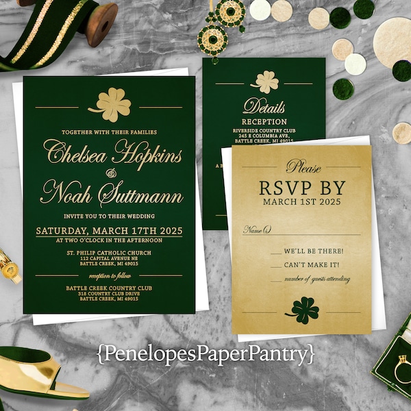 Emerald and Gold Irish Wedding Invitation,Emerald,Gold,Wedding Invite,Gold Shamrock,Gold Calligraphy,Shimmery Invitation,Envelopes Included