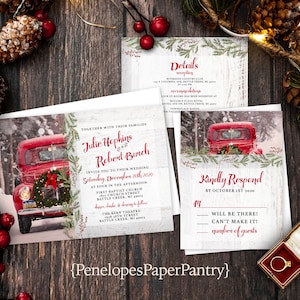 Rustic Christmas Wedding Invitation,Christmas Wedding Invite,White Wood,Vintage Red Truck,Evergreen Wreath,Pine Branches,Envelope Included image 1