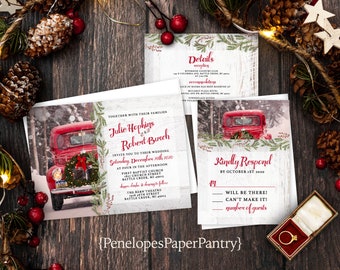 Rustic Christmas Wedding Invitation,Christmas Wedding Invite,White Wood,Vintage Red Truck,Evergreen Wreath,Pine Branches,Envelope Included