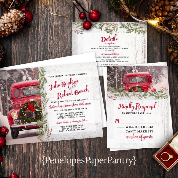 Rustic Christmas Wedding Invitation,Christmas Wedding Invite,White Wood,Vintage Red Truck,Evergreen Wreath,Pine Branches,Envelope Included