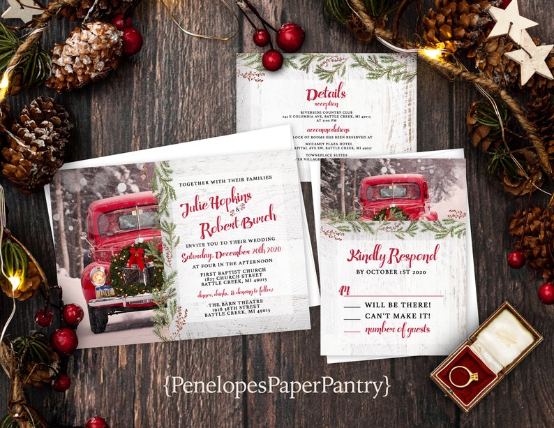 Rustic Christmas Wedding Invitation,Christmas Wedding Invite,White Wood,Vintage Red Truck,Evergreen Wreath,Pine Branches,Envelope Included image 1