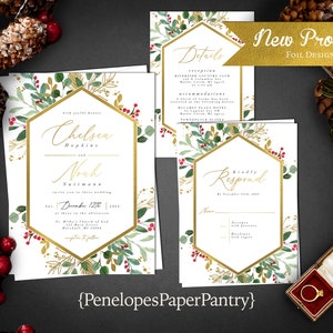 Elegant Personalized Winter Wedding Invitation,Christmas Wedding Invite,Green and Red,Gold Foil Print,Printed Invitation,Envelope Included