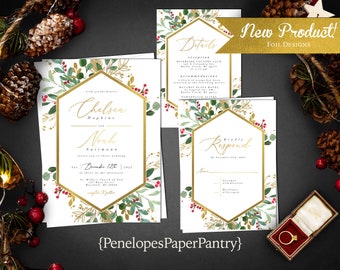 Elegant Personalized Winter Wedding Invitation,Christmas Wedding Invite,Green and Red,Gold Foil Print,Printed Invitation,Envelope Included