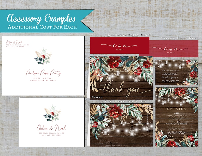 May include: A stationery set featuring white envelopes with floral accents, red belly bands with the text c & n, and folded thank you cards and detail cards with a dark wood background, string lights, and red and green floral illustrations.