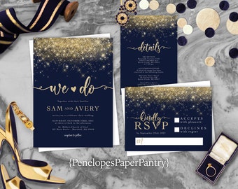 Glam Navy and Gold Wedding Invitation,Navy Blue,Gold,Wedding Invite,Bling Wedding Invite,Gold Glitter Print,Calligraphy,Shimmery Invitation