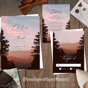 Fall Mountain Wedding Invitation Personalized Romantic Sunset Pine Tree Forest Destination Custom Text Printed Invitation With Envelopes