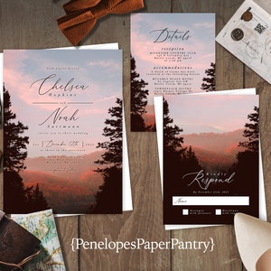 Mountain Wedding Invitation,Fall Mountain Wedding Invite,Mountains,Romantic Sunset,Pine Tree Forest,Twilight,Personalize,Envelope,Printed