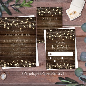 Rustic Summer Wedding Invitation,Heart Lights,Fairy Lights,Barn Wood,Gold Print,Shimmery,Personalize,Printed Invitation,Wedding Set,Envelope