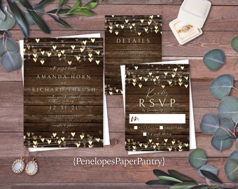 Rustic Summer Wedding Invitation,Heart Lights,Fairy Lights,Barn Wood,Gold Print,Shimmery,Personalize,Printed Invitation,Wedding Set,Envelope