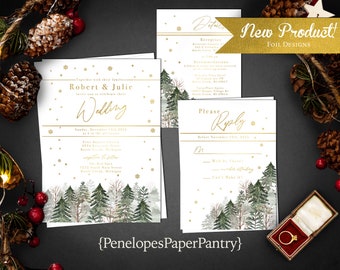 Elegant Winter Wedding Invitation,Winter Wedding Invite,Snow Covered Forest,Pine Trees,Gold Foil,Calligraphy,Gold Foil Snowflakes,Envelopes