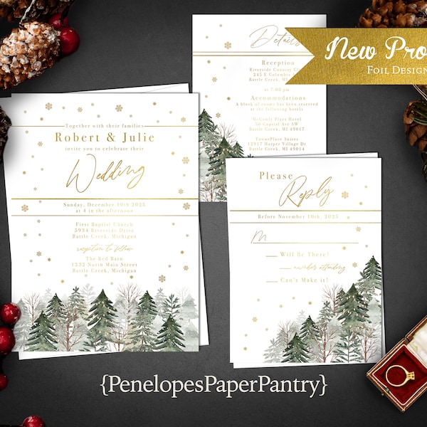 Elegant Winter Wedding Invitation,Winter Wedding Invite,Snow Covered Forest,Pine Trees,Gold Foil,Calligraphy,Gold Foil Snowflakes,Envelopes