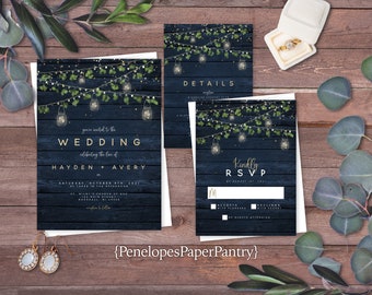 Rustic Summer Wedding Invitation,Summer Wedding Invite,Mason Jar Lights,Greenery,Navy Barn Wood,Personalize,Printed Invitation,Envelope