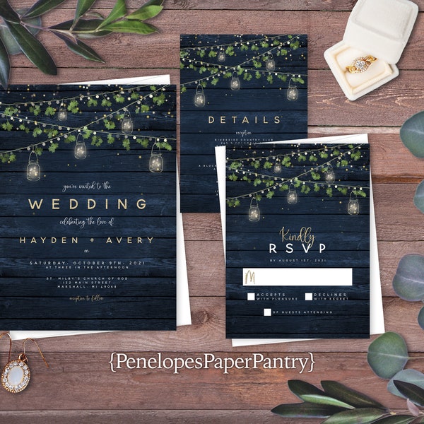 Rustic Summer Wedding Invitation,Summer Wedding Invite,Mason Jar Lights,Greenery,Navy Barn Wood,Personalize,Printed Invitation,Envelope