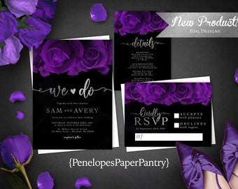 Elegant Purple Rose Wedding Invitation,Purple Rose Wedding Invite,Purple Roses,Purple and Silver,Silver Foil,Calligraphy,Envelope Included