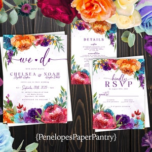Bright Floral,Summer Wedding Invitation,Summer Wedding Invite,Purple,Orange,Turquoise,Hot Pink,Personalize,Printed Invitation,Envelope