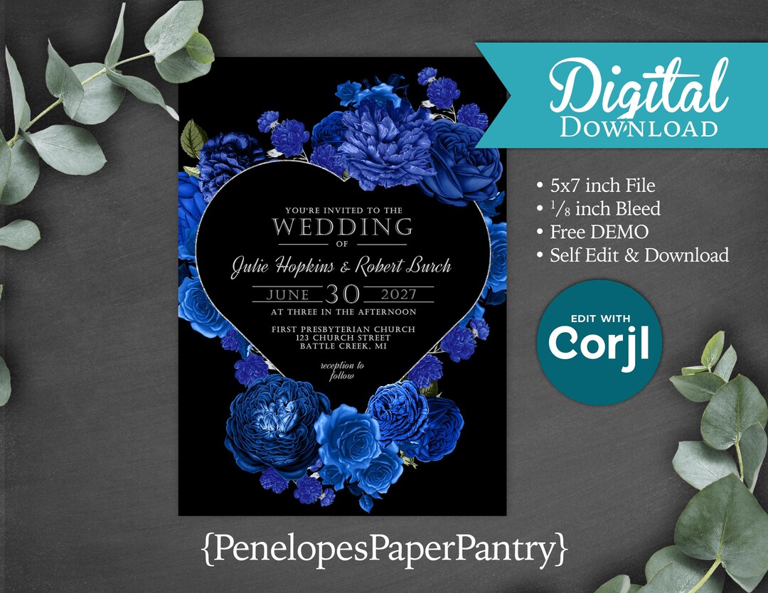 Royal Blue Roses Heart Wreath Wedding Invitation Instant Download ...