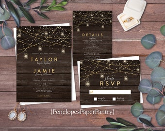 Rustic Wedding Invitation,Rustic Wedding Invite,Rustic Wood,Mason Jar Light,Twinkling Light,Gold Print,Personalize,Shimmery,Envelope,Printed