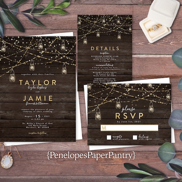Rustic Wedding Invitation,Rustic Wedding Invite,Rustic Wood,Mason Jar Light,Twinkling Light,Gold Print,Personalize,Shimmery,Envelope,Printed