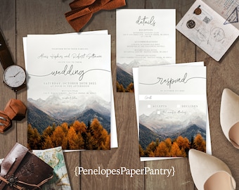 Romantic Fall Mountain Wedding Invitation Personalized Snow Capped Mountain Range Mist Calligraphy Burnt Orange Printed Invitation Envelopes