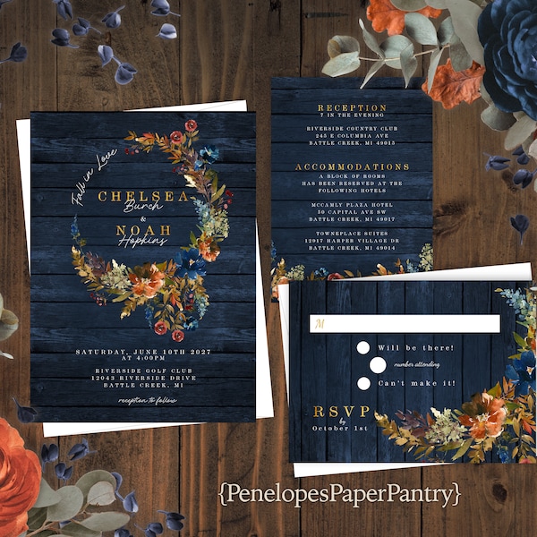 Personalized Rustic Wedding Invitation,Navy Floral Wedding Invite,Fall Wedding Invite,Floral Fall Wreath,Navy Wood,Shimmery Invite,Envelope