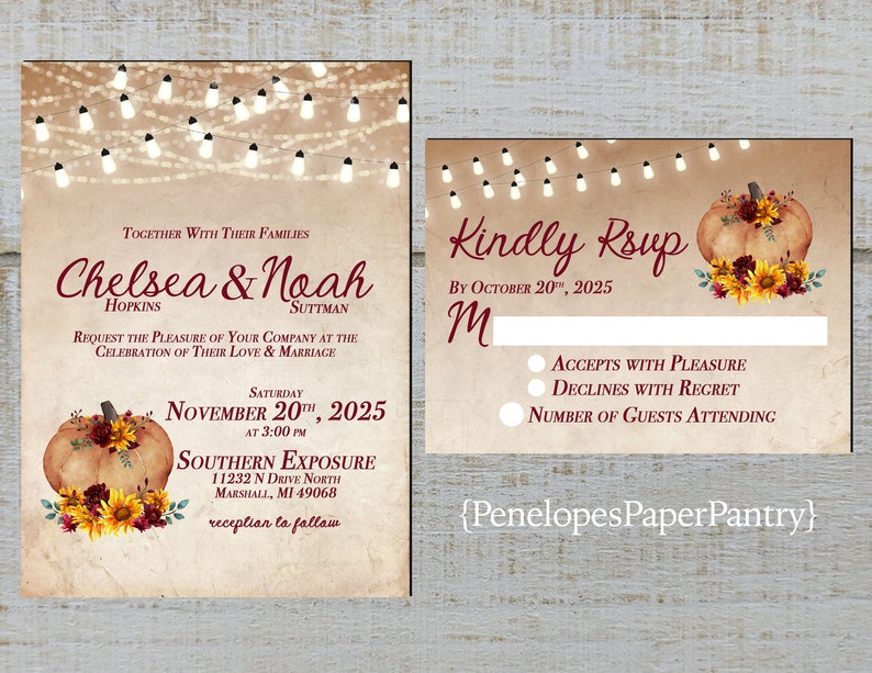 Rustic Fall Wedding Invitation,Pumpkin,Sunflower,Burgundy Rose,Fairy Lights,Parchment,Calligraphy,Personalize,Printed Invitation,Wedding Set