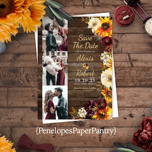 Rustic Wedding Save The Date Photo Card,Rustic Fall Wedding Save The Date,Photo Save Our Date,Rustic Wood,Sunflowers,Shimmery Card,Envelope