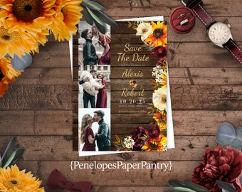 Rustic Wedding Save The Date Photo Card,Rustic Fall Wedding Save The Date,Photo Save Our Date,Rustic Wood,Sunflowers,Shimmery Card,Envelope