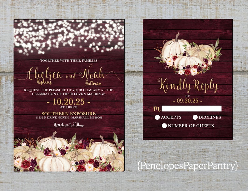 Rustic Fall Wedding Invitation,White Pumpkins,Burgundy Roses,Fairy Lights,Burgundy Barn Wood,Gold Print,Shimmery,Printed Invitation,Envelope
