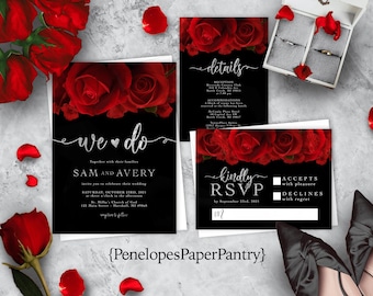 Red Rose Wedding Invitation Suite Silver Calligraphy Personalized Printed  Romantic Marriage Ceremony Invite