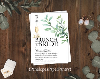 Brunch and Bubbly Bridal Shower Invitation,Champagne Flutes,Calligraphy,Gold Print,Shimmery Invitation,Personalize,Envelope Included,Printed