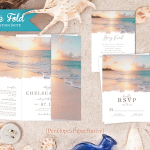 Romantic Gatefold Beach Wedding Invitation Personalized Sunset Sandy Beach Destination Hawaii  Printed Invitations Envelope Included