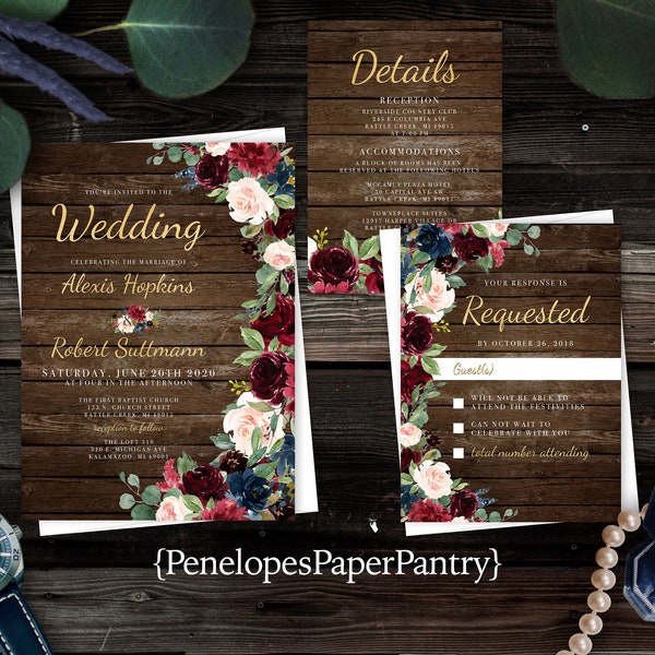 Rustic Floral Fall Wedding Invitation,Fall Wedding Invite,Navy,Burgundy,Barn Wood,Gold Print,Shimmery,Personalize,Printed Invitation