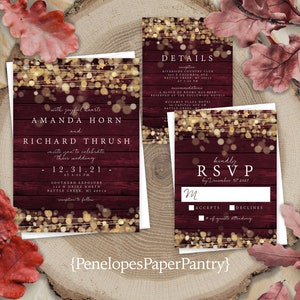 Rustic Burgundy and Gold Fall Wedding Invitation,Fall Wedding Invite,Gold Fairy Lights,Barn Wood,Shimmery,Personalize,Printed,Envelope