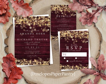 Rustic Burgundy and Gold Fall Wedding Invitation,Fall Wedding Invite,Gold Fairy Lights,Barn Wood,Shimmery,Personalize,Printed,Envelope