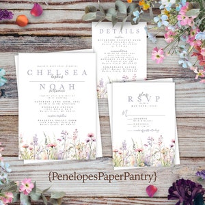 Romantic Pastel Wildflower Summer Wedding Invitation Personalized Lavender Blush Yellow Meadow Delicate Printed Invitation Envelope Included