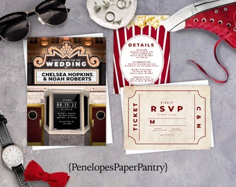 Wedding Invitation,Night At The Movies Wedding Invite,Personalized,Movie Marquee,Movie Ticket,Popcorn,Envelope Included,Printed Invitation