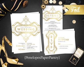 Art Deco Wedding Invitation,Art Deco Wedding Invite,White and Gold,Gold Foil Print,Classic Art Deco,Envelope Included,Custom Invite Set