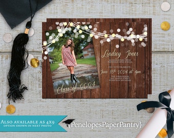 Rustic Graduation Invitation,Photo Card,Announcement,Barn Wood,Fairy Lights,One Photo,High School,College,Personalize,Printed Card,Envelopes