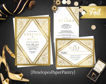 Art Deco Wedding Invitation,Art Deco Wedding Invite,White,Gold Foil Print,Classic Art Deco,White and Gold,Envelope Included,Personalize