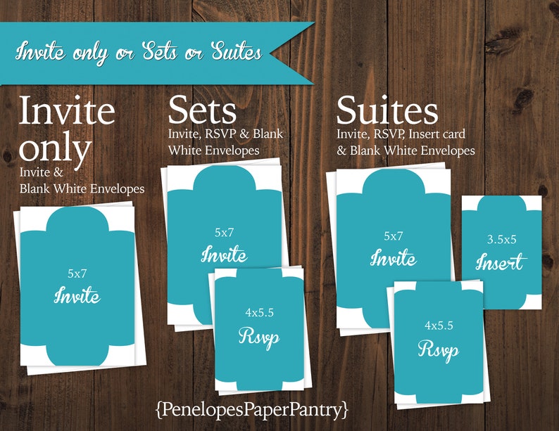 May include: A set of printable wedding invitation templates in a teal blue color with white text. The templates include a 5x7 inch invitation, a 4x5.5 inch RSVP card, and a 3.5x5 inch insert card. The text on the templates reads "Invite only or Sets or Suites".