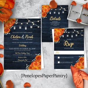 Rustic Navy Floral Wedding Invitation,Floral Wedding Invite,Rustic Navy Wood,Orange Roses,Mason Jar Lights,Gold Calligraphy,Shimmery Invite